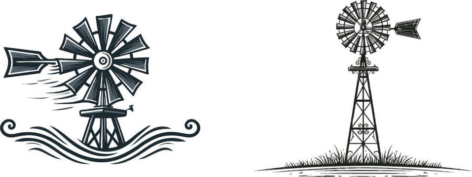A minimalist hand-drawn doodle of a rustic farm windmill with spinning blades, set against a crisp white background, exudes a charming vintage charm