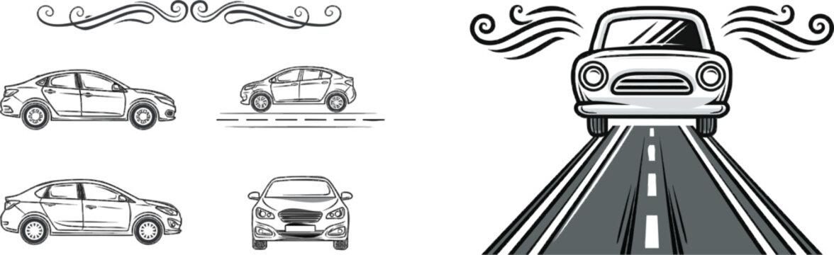 A minimalist black ink illustration of a sleek car and road path with elegant scrolls on a crisp white background, ideal for clean vector tracing