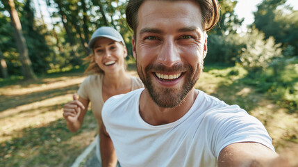 Fototapeta premium Smiling man takes a running selfie with a woman jogging behind him on a sunny park trail. Selective focus.