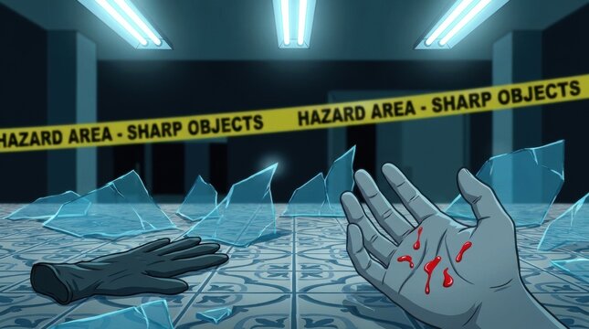 Crime scene illustration with bloody hand and broken glass