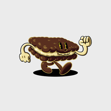 Vintage rubber hose style cartoon illustration of a cheerful ice cream sandwich character walking confidently, perfect for retro t-shirt designs, stickers, and nostalgic branding.