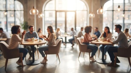 Obraz premium Blurred group of diverse friends laughing and talking while sitting at tables in bright modern restaurant interior during social gathering for commercial lifestyle photography