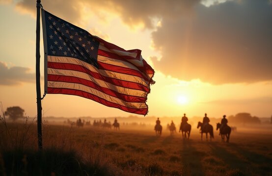 American flag waves on pole at sunrise. Horse riders move across grassy field. Misty morning atmosphere with warm sun glow on horizon. Symbol of history and freedom.
