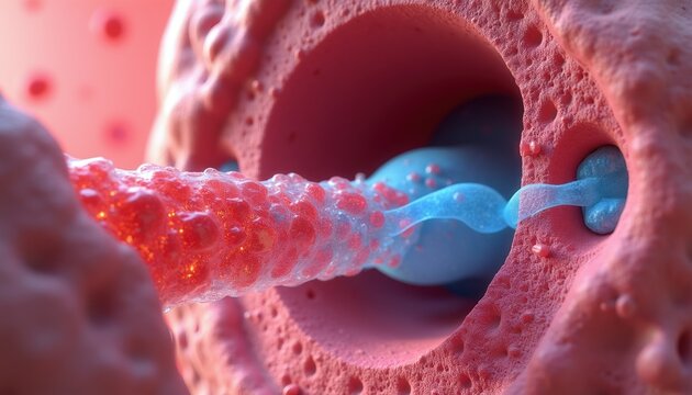 Microscopic view of human nasal passage showing mucus flow within sinuses. Detailed 3D render of respiratory system. Medical illustration of internal nose.