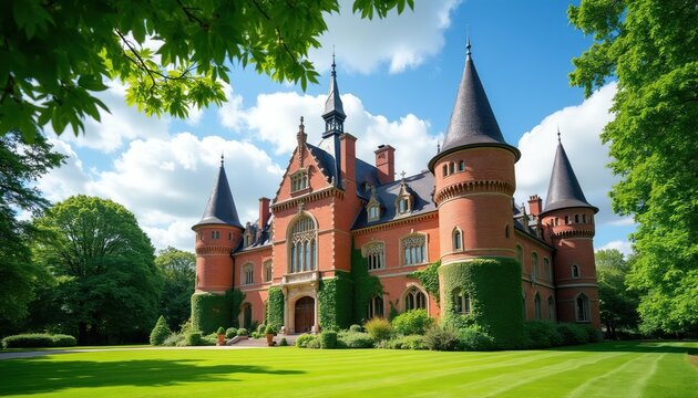 Historic brick castle with pointed towers and ivy covered walls. Grand manor house stands on green lawn with manicured garden. Sunny day sky shows clouds.