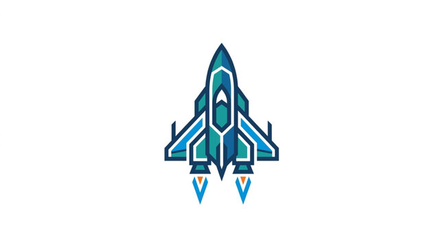 Futuristic blue and teal fighter jet spaceship ascending with exhaust flames.