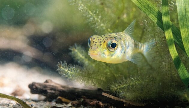Tiny wild dwarf pea puffer fish swimming in a lushly planted freshwater habitat
