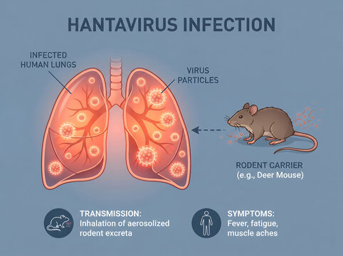 Educational infographic poster illustrating hantavirus infection from deer mouse carrier to infected human lungs, detailing transmission via inhalation of aerosolized rodent excreta and symptoms like 