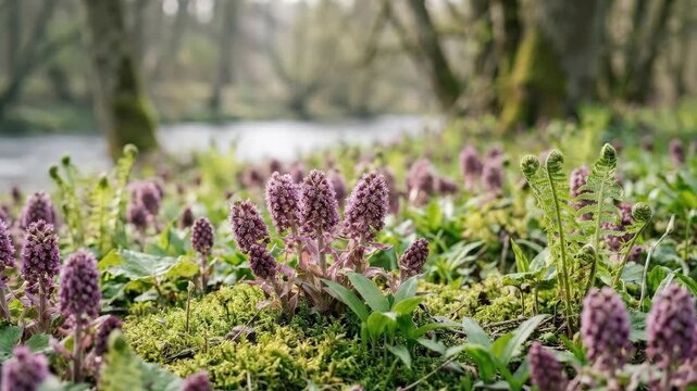 Wild purple butterbur flowers growing on a spring meadow, early perennial bloom banner with fresh natural atmosphere, botanical seasonal concept and peaceful harmony mood, soft natural light,