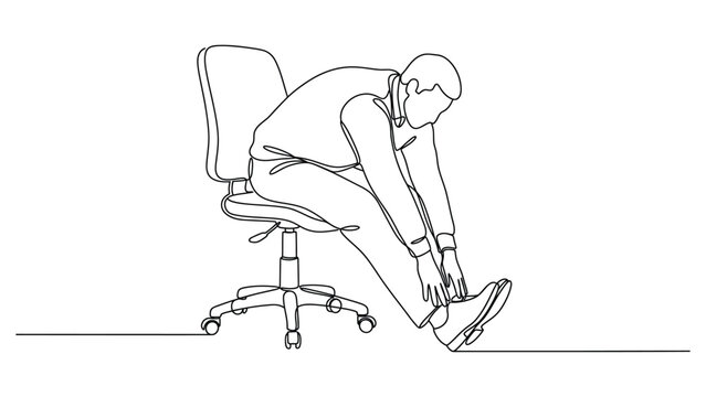 continuouss line drawing Man sitting on office chair tying shoes.