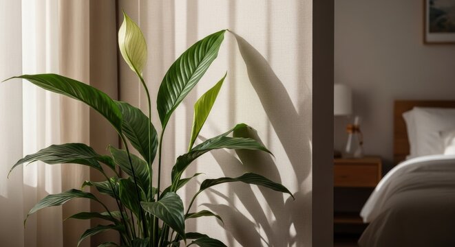 Elegant peace lily plant with lance-shaped green leaves and a white spathe blooming indoors, casting soft shadows