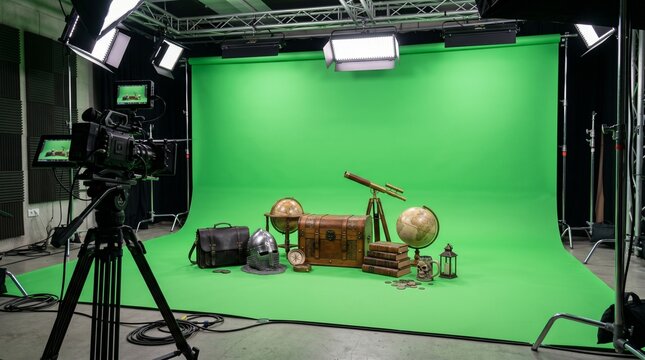 studio shot of a studio shot of a microphone on stage green screen background