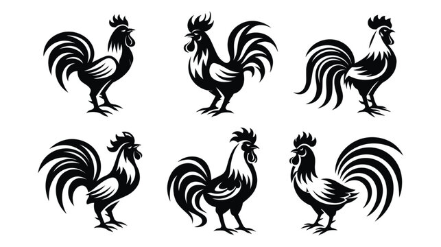 Rooster silhouette icons in various poses and styles on white background