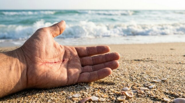 Injured hand with a deep cut lying on the sandy beach shore