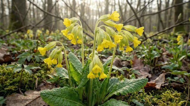 Wild yellow Primula veris flower in a spring forest, early perennial primrose bloom with fresh seasonal charm, botanical close up in a natural woodland setting, soft natural light, realistic detail