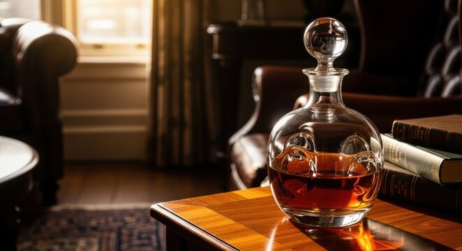 Elegant hand blown glass decanter filled with rich amber liquid on a polished wooden table