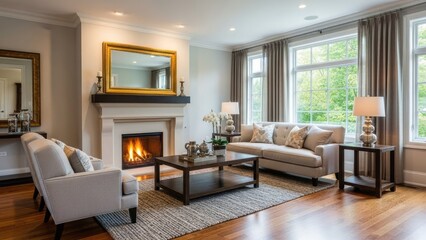 Obraz premium Classic living room interior with a warm fireplace.