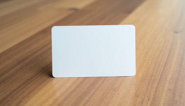 Blank white plastic card rests on wood surface. Use this mock up for finance branding, payment systems, or identification cards. Easily add custom text.