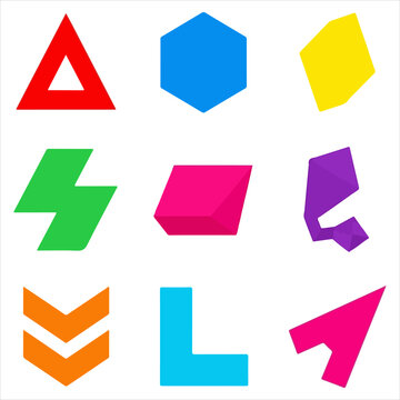 Collection of nine abstract geometric polygon and arrow shapes in vibrant flat colors isolated on white background for modern branding and UI