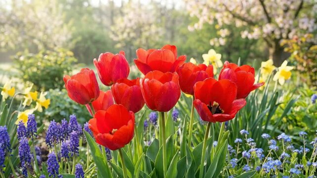 Bright red tulips blooming in a garden, colorful spring flower bed with vivid seasonal beauty and harmonious floral atmosphere, fresh botanical landscape for design use, soft natural light, realistic