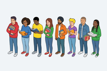 Obraz premium Diverse Students Holding and Reading Books Isometric Illustration