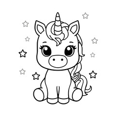 Obraz premium Unicorn coloring page featuring cute magical creature with stars for kids art activity creative fun educational project simple line drawing illustration for children school hobby exercise design.