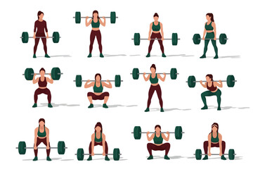 Fototapeta premium Women lifting barbells in various fitness poses illustration set