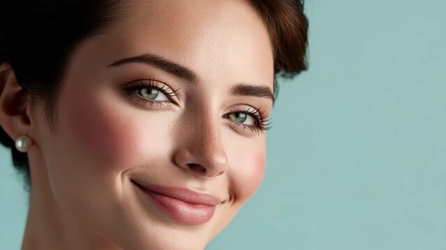 Beautiful young woman with expressive blue eyes and radiant skin in close-up portraits