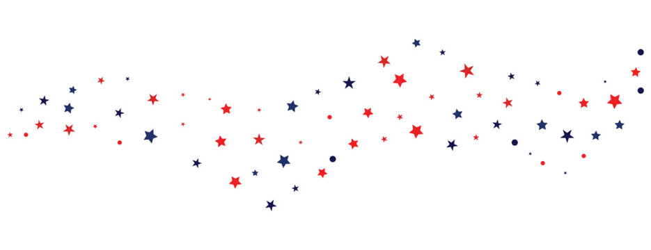 Star background. American 4th of July banner. red and blue stars falling wave. Memorial day. star confetti bg. Independence day banner. Holiday design. Vector illustration and transparent PNG.