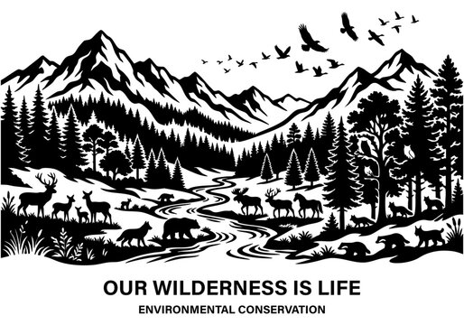 Wildlife Wilderness Landscape with Forest and Mountain Vector Illustration