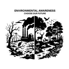 Obraz premium Environmental Awareness Concept Showing Pollution and Healthy Ecosystem Vector Illustration