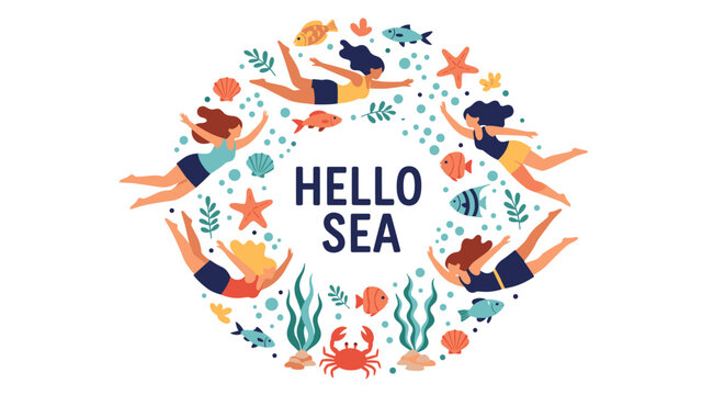 Circular design featuring divers, fish, sea shells, and ocean plants around the text Hello Sea on a white background.