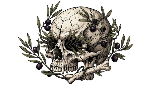 Skull with olive branches and berries isolated on a transparent background