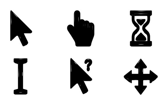 Collection of black computer cursor icons and symbols, including pointer, hand, hourglass, text, question mark, and move arrows Vector