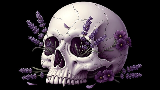 Skull with purple flowers and lavender isolated on a transparent background
