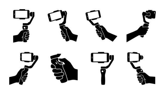 Hand holding smartphone gimbal stabilizer for smooth video recording, set of icons Vector