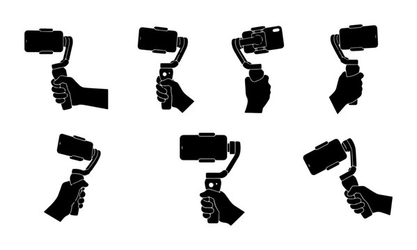 Hand holding smartphone gimbal stabilizer for smooth video filming, multiple angles Vector