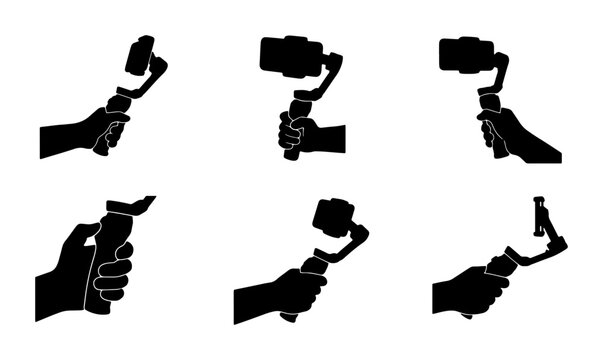 Hand holding smartphone gimbal stabilizer for smooth video recording, silhouette collection Vector