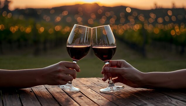 Hands clinking red wine glasses on a wooden table at golden hour