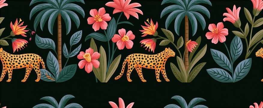 Vibrant seamless tropical pattern evokes adventure with palm trees leopards and exotic flowers  