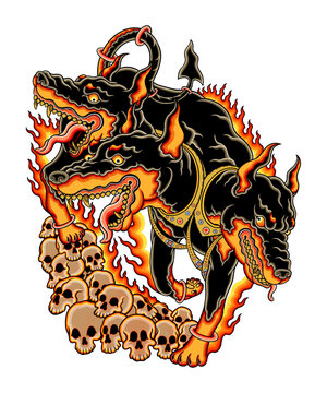 Javanese style three-headed Doberman Cerberus with flames and skulls, perfect for bold streetwear t-shirt designs, edgy tattoos, and modern dark art merchandise.