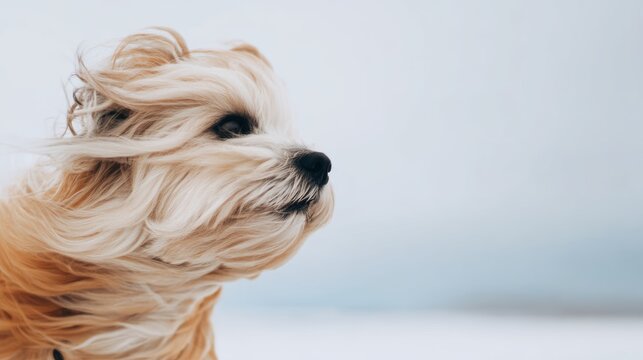 Small dog with long textured fur blowing dramatically in the wind, a compelling side profile against a blurred background