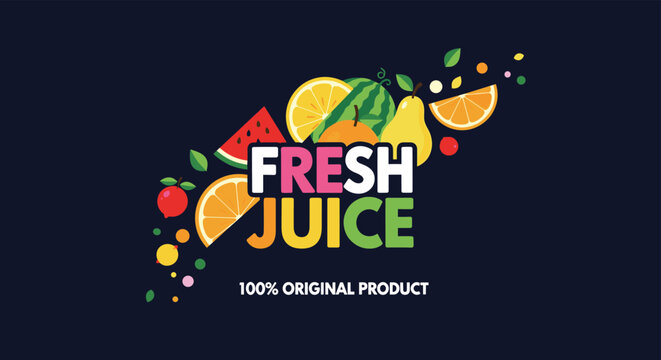Fresh juice logo features vibrant illustrations of watermelon, orange, pear, and other fruits with text on a dark blue background.