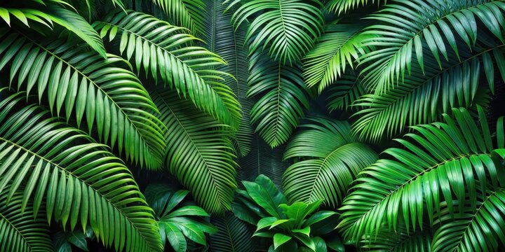Tropical green leaf pattern background with large palm fronds and ferns, lush environment