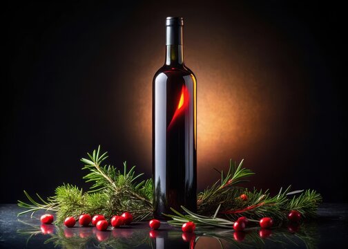 An empty wine bottle sits on a black background
