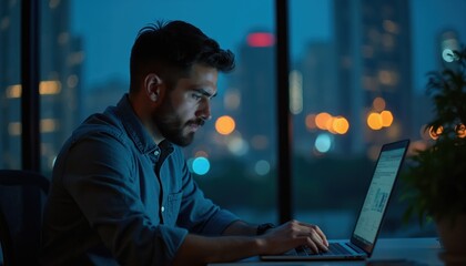 Naklejka premium Man works late on laptop near window with city lights blurred in background. Person types on computer keyboard in dim room, focusing on screen during night. Business pro busy with tasks after dark.