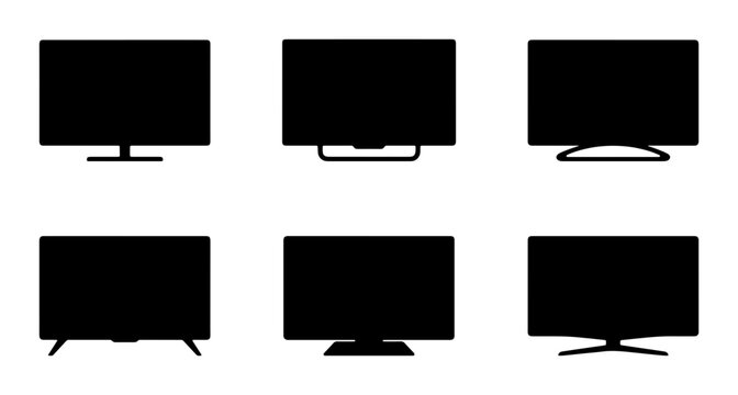 Collection of black flat screen tv and monitor silhouettes on a white background Vector