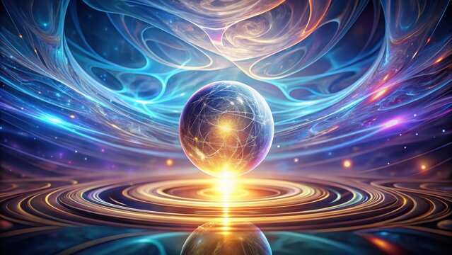 Glowing orb suspended in mid-air amidst swirling abstract patterns