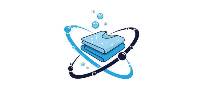 Laundry and dry cleaning service logo features a stack of folded blue clothes with bubbles and circular motion lines for hygiene.