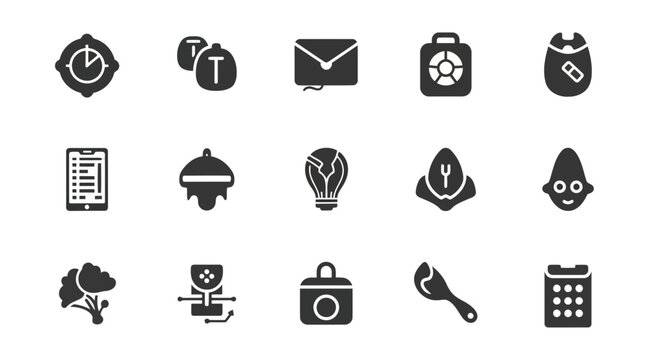 Collection of miscellaneous solid vector icons including time phone envelope lightbulb and face.